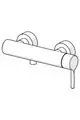 Weißer Wand-Mischer von HANSA mit zwei runden Bedienelementen und auslaufendem Wasserhahn, ideal für Badezimmer-Installationen.